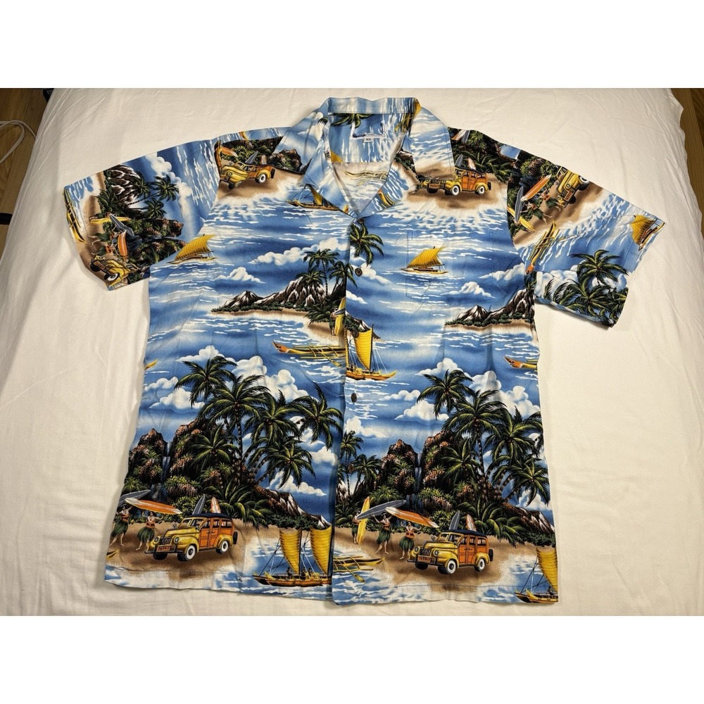 Pacific Legend Hawaiian Shirt Extra Large XL Blue Woody Car Hula Print Made USA